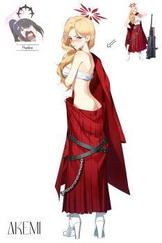 2girls absurdres akemi_(blue_archive) alternate_muscle_size ass black_hair blonde_hair blue_archive blush breasts browning_m2 character_name chest_sarashi commentary_request cropped_head crying_aqua_(meme) dong_(art_woodong) embarrassed full_body grey_eyes gun halo heavy_machine_gun high_heels highres korean_commentary large_breasts long_hair long_skirt looking_at_viewer machine_gun meme multiple_girls muscular muscular_female open_mouth pleated_skirt ponytail purple_eyes purple_halo red_halo red_skirt sarashi shoes simple_background skirt sumire_(blue_archive) v-shaped_eyebrows weapon white_background white_shoes