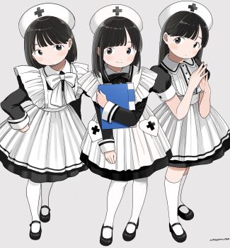 Rule 34 | 3girls, absurdres, artist name, black bow, black bowtie, black dress, black hair, book, bow, bowtie, commentary, dress, hat, highres, holding, holding book, long sleeves, looking at viewer, multiple girls, nagomurasan, nurse, nurse cap, original, own hands together, pantyhose, short sleeves, smile, socks, steepled fingers, symbol-only commentary, white background, white bow, white hat, white pantyhose, white socks