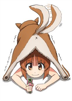Rule 34 | 1girl, aiming, animal, brown eyes, commentary request, dog, dog tail, girls und panzer, highres, looking at viewer, nishizumi miho, omachi (slabco), shiba inu, short hair, tail, tail wagging, x anus