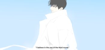 1boy absurdres black_hair blurry caption coat commentary english_text grin highres kim_dokja looking_at_viewer looking_back lp_(sangkuranak) male_focus muted_color omniscient_reader&#039;s_viewpoint open_clothes open_coat popped_collar short_hair smile solo source_quote symbol-only_commentary white_coat