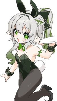 1girl alternate_costume animal_ear_hairband animal_ears black_leotard black_pantyhose black_shoes black_wrist_cuffs bow bowtie commentary_request fake_animal_ears fake_tail genshin_impact gotoh_(nekocat) gradient_hair green_bow green_bowtie green_eyes green_hair hair_between_eyes hairband hand_up high_heels holding holding_tray leg_up leotard long_hair looking_at_viewer multicolored_hair nahida_(genshin_impact) open_mouth pantyhose playboy_bunny rabbit_ears rabbit_tail shoes simple_background solo star-shaped_pupils star_(symbol) strapless strapless_leotard symbol-shaped_pupils tail tray two_side_up white_background white_hair wrist_cuffs