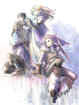 2boys 2girls black_capelet black_hair blonde_hair brown_gloves brown_hair capelet cloak closed_mouth cyrus_albright dress fingerless_gloves fur-trimmed_jacket fur_trim gloves h'aanit_(octopath_traveler) highres jacket long_hair multiple_boys multiple_girls octopath_traveler octopath_traveler_i ophilia_clement own_hands_together purple_cloak qqqqqli sitting smile squatting standing therion_(octopath_traveler) white_dress white_hair