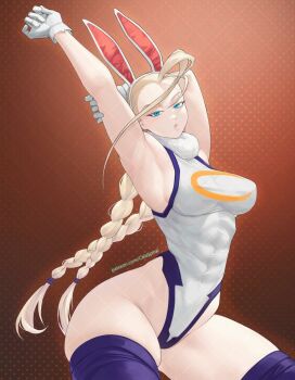 1girl ahoge animal_ears arm_behind_head arm_up armpits bare_shoulders blonde_hair blue_eyes boku_no_hero_academia braid breasts cammy_white cosplay covered_abs covered_navel crescent_print fake_animal_ears fur_collar gabriel_carrasquillo gloves headband highleg highleg_leotard highres huge_ahoge leotard long_hair looking_at_viewer medium_breasts mirko mirko_(cosplay) patreon_username purple_thighhighs rabbit_ears skindentation sleeveless_turtleneck_leotard solo street_fighter stretching taut_leotard thick_thighs thighhighs thighs toned twin_braids very_long_hair white_gloves white_headband white_leotard