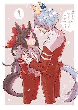 ! 2girls animal_ears blue_hair blush bow braid brown_hair closed_mouth commentary_request daiichi_ruby_(umamusume) drill_hair drill_sidelocks ear_covers ear_flower gogono_pan'ya grey_scarf hair_between_eyes hair_bow hair_ornament heat_pad height_difference highres horse_ears horse_girl horse_tail jacket k.s.miracle_(umamusume) long_hair long_sleeves looking_at_another multiple_girls pants parted_lips purple_eyes red_bow red_jacket red_pants red_track_suit scarf short_hair sidelocks smile speech_bubble spoken_exclamation_mark tail tracen_training_uniform track_jacket track_pants track_suit twin_drills umamusume