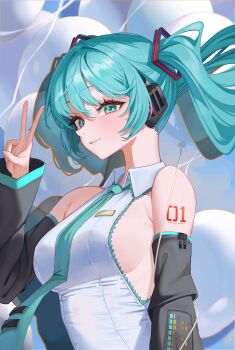 Rule 34 | 1girl, absurdres, aqua eyes, aqua hair, aqua necktie, aqua trim, armpit crease, balloon, bare shoulders, black sleeves, blush, breasts, collared shirt, commentary, detached sleeves, drop shadow, eyelashes, from side, grey shirt, hair between eyes, hair ornament, hand up, hatsune miku, headphones, highres, light smile, long hair, long sleeves, looking at viewer, medium breasts, necktie, number tattoo, orange outline, outline, parted lips, shirt, shoulder tattoo, sideboob, sideways glance, sleeveless, sleeveless shirt, solo, star (symbol), star in eye, starblue, symbol in eye, tattoo, twintails, upper body, v, vocaloid