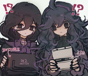 !? 2girls @_@ bags_under_eyes black_dress black_eyes black_hair black_nails commentary_request dress earrings hair_between_eyes hairband handheld_game_console hex_maniac_(pokemon) hex_maniac_(pokemon_legends:_z-a) hex_maniac_(pokemon_xy) highres horimhkw11 jewelry long_hair looking_at_another messy_hair multiple_girls neck_ribbon nintendo nintendo_3ds nintendo_switch_2 pokemon pokemon_legends:_z-a pokemon_xy purple_hairband purple_ribbon ribbon simple_background sphere_earrings sweatdrop upper_body white_background