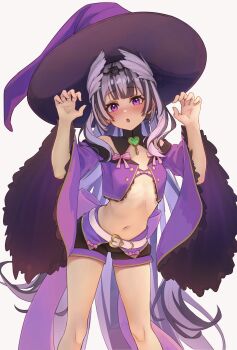 1girl :o absurdres alternate_costume bare_arms belt black_hair black_shorts blush bow buckle claw_pose commentary_request cosplay fire_emblem fire_emblem_engage fire_emblem_heroes flat_chest grey_hair hair_ornament halloween_costume hands_up hat heart heart-shaped_buckle heart_pendant highres long_hair long_sleeves looking_at_viewer multicolored_hair navel nintendo nowi_(eternal_witch)_(fire_emblem) nowi_(fire_emblem) nowi_(fire_emblem)_(cosplay) off-shoulder_shirt off_shoulder open_mouth pink_bow purple_eyes purple_hat purple_vest pyo_3300 shironekokfp shirt short_shorts shorts simple_background solo standing stomach thighs two-tone_hair very_long_hair vest veyle_(fire_emblem) white_background wide_sleeves witch witch_hat