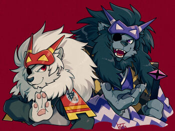 2boys armor bara bemani black_hair brothers claws eyepatch furry furry_male holding holding_instrument instrument japanese_armor japanese_clothes kiri_futoshi lion male_focus mane mask multiple_boys open_mouth pawpads pop'n_music purple_eyes red_background red_eyes shamisen shishitugu shishiwaka shoulder_armor siblings sode twins white_hair
