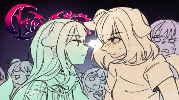 6+girls animal_ears ave_mujica_(bang_dream!) bang_dream! bang_dream!_it&#039;s_mygo!!!!! chinese_commentary closed_mouth commentary_request dog_ears dog_girl dog_tail eye_contact film_grain highres kemonomimi_mode lightning_glare long_hair looking_at_another medium_hair misumi_uika multiple_girls open_mouth shiina_taki shirt sidelocks sweatdrop tail togawa_sakiko wakaba_mutsumi yahata_umiri yoyoray20001996 yuutenji_nyamu