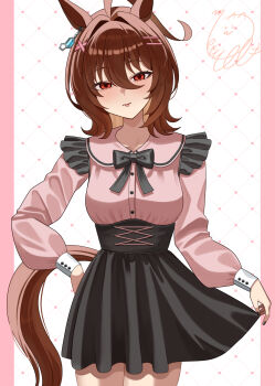 1girl agnes_tachyon_(umamusume) ahoge animal_ears black_bow black_bowtie black_skirt blush bow bowtie breasts brown_hair chemical_structure closed_mouth commentary_request earrings frilled_shirt frills hair_between_eyes hair_ornament hairclip highres horse_ears horse_girl horse_tail jewelry jirai_kei long_sleeves looking_at_viewer medium_breasts medium_hair motusii pink_shirt pleated_skirt red_eyes shirt single_earring skirt smile solo tail tongue tongue_out umamusume x_hair_ornament