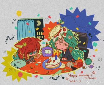 2girls cake cat_tail chibi chibi_only chinese_commentary commentary_request food fruit green_eyes green_hair happy_birthday highres multiple_girls original red_hair strawberry tail weibo_6348912905 yuri