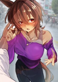 1girl 1other absurdres agnes_tachyon_(casual)_(umamusume) agnes_tachyon_(umamusume) animal_ears black_pants blush bra_strap breasts brown_hair casual earrings gorioshi0802 hair_between_eyes highres horse_ears horse_girl horse_tail jewelry large_breasts long_sleeves looking_at_viewer medium_hair necklace off-shoulder_shirt off-shoulder_sweater off_shoulder open_mouth outdoors pants purple_shirt purple_sweater rain red_eyes shirt single_earring solo_focus sweater tail umamusume wet white_shirt wolf_cut