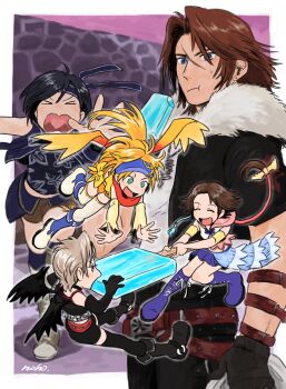 >_< 00s 1990s_(style) 1boy 4girls angry belt black_hair blonde_hair blue_eyes blurry boots brown_hair closed_eyes cropped_jacket crossover depth_of_field eating fairy final_fantasy final_fantasy_vii final_fantasy_vii:_advent_children final_fantasy_viii final_fantasy_x final_fantasy_x-2 food fur_trim green_eyes grey_hair headband ice_cream in-franchise_crossover kingdom_hearts kingdom_hearts_ii matsuri6373 mini_person minigirl miniskirt multiple_girls open_mouth paine paine_(ff10) ponytail red_eyes retro_artstyle rikku_(ff10) scar scarf short_shorts shorts showgirl_skirt skirt squall_leonhart square_enix sweatdrop thigh_boots thighhighs wings yuffie_kisaragi yuna yuna_(ff10)