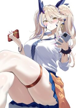 Rule 34 | 1girl, artoria pendragon (fate), artoria pendragon (lancer alter) (fate), blonde hair, blue hair, blue necktie, box, breasts, cardigan, cardigan around waist, cellphone, clothes around waist, crossed legs, earrings, fate/grand order, fate (series), fingernails, gift, gift box, gyaru, hair between eyes, holding, holding gift, holding phone, hoop earrings, jewelry, long hair, looking at viewer, multicolored hair, muunyan (yumenekoya), nail polish, necktie, orange cardigan, phone, plaid clothes, plaid necktie, school uniform, shirt, simple background, sitting, skirt, solo, twintails, two-tone hair, valentine, white background, white shirt, yellow eyes