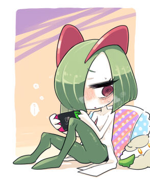 @_@ blush cottonee gen_3_pokemon gen_5_pokemon green_hair hair_over_one_eye handheld_game_console highres holding holding_handheld_game_console horns ino_(tellu0120) kirlia nintendo nintendo_switch parted_lips pillow pink_eyes playing_games playing_video_games pokemon pokemon_(creature) sidelocks simple_background sitting sweat