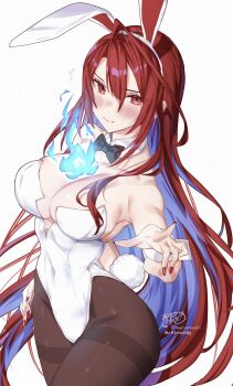 1girl absurdres ahoge animal_ears bare_shoulders blue_fire blue_hair blush bow bowtie breasts cleavage colored_inner_hair covered_navel detached_collar elizabeth_rose_bloodflame fake_animal_ears fake_tail fire highleg highleg_leotard highres hololive hololive_english huge_ahoge kamiya_maneki large_breasts leotard long_hair looking_at_viewer multicolored_hair nail_polish pantyhose playboy_bunny rabbit_ears rabbit_tail red_eyes red_hair red_nails smile solo strapless strapless_leotard tail traditional_bowtie very_long_hair virtual_youtuber white_leotard white_wrist_cuffs wrist_cuffs