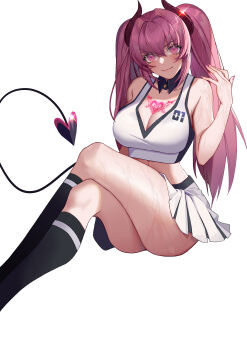 1girl absurdres arm_behind_back ass bad_id bad_pixiv_id bare_shoulders blush breast_tattoo breasts chinese_commentary cleavage closed_mouth crop_top cropped_legs demon_girl demon_horns demon_tail detached_collar feet_out_of_frame frilled_skirt frills hand_up heart highres horns kneehighs large_breasts loveforever666 original pink_eyes pink_hair shine simple_background sitting skirt smile socks solo tail tattoo thighs twintails white_background white_skirt