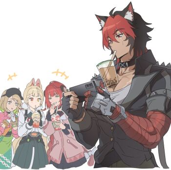 +++ 1boy 3girls alice_thymefield angduuuu_(ghost) animal_ear_fluff animal_ears apron bandages black_gloves black_hair black_hat blonde_hair braid brown_hair bubble_tea bubble_tea_challenge cardigan cellphone coco_(zenless_zone_zero) commentary_request cup drinking_straw drinking_straw_in_mouth fingerless_gloves gloves green_eyes hat heterochromia holding holding_cup holding_phone komano_manato korean_commentary long_hair multicolored_hair multiple_girls pectorals phone red_eyes red_hair scar scar_across_eye scar_on_face shirt simple_background skirt twin_braids ukinami_yuzuha visor_cap white_background yellow_eyes zenless_zone_zero