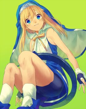 1boy anago_(tokyo_retro_gokko) ankle_boots arms_at_sides bare_arms bare_shoulders bike_shorts black_gloves black_shorts blonde_hair blue_boots blue_eyes blue_veil blue_vest blush boots bridget_(guilty_gear) feet_out_of_frame fingerless_gloves from_below gloves green_background guilty_gear guilty_gear_xx guimpe knees_up long_sidelocks looking_at_viewer male_focus mars_symbol neck_ribbon nun object_belt oversized_object parted_lips ribbon shirt short_hair short_hair_with_long_locks shorts sidelocks simple_background sitting sleeveless sleeveless_shirt smile socks solo trap two-sided_veil veil vest white_shirt white_socks white_trim white_wrist_cuffs wide-eyed wrist_cuffs yellow_ribbon