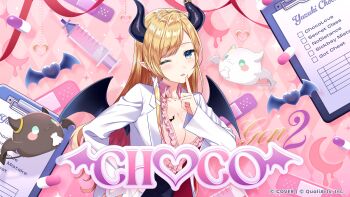 1girl absurdres bandaid black_skirt blonde_hair breast_tattoo breasts character_name clipboard coat commentary_request company_name copyright_notice crescent demon_girl demon_horns demon_wings frilled_shirt frills gradient_hair green_eyes heart highres hololive hololive_dreams horns large_breasts long_hair multicolored_hair official_art open_clothes open_coat paper pill pink_background pink_hair pink_shirt shirt skirt solo song_name sparkle syringe tattoo virtual_youtuber white_coat wings yuzuki_choco yuzuki_choco_(1st_costume)