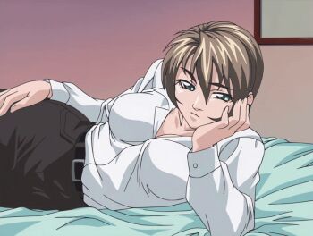 00s 1girl 2002 animated animated_gif annoyed bed bed_sheet bedroom belt bible_black bible_black_gaiden breasts brown_hair collar green_eyes hand_on_own_face hand_on_own_hip miniskirt open_clothes open_shirt pantyhose shido_saki shirt short_hair skirt tagme white_shirt