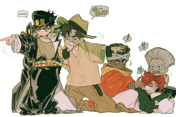 ! !! !? ... 5boys aged_down black_hair black_jacket black_pants brown_pants brown_shirt chain cherry_earrings collared_shirt dark-skinned_male dark_skin earrings english_text flattop food-themed_earrings food_themed_earrings gakuran green_jacket hat headband highres jacket jean_pierre_polnareff jewelry jojo_no_kimyou_na_bouken jojo_pose joseph_joestar joseph_joestar_(young) kakyoin_noriaki kujo_jotaro's_pose kuujou_joutarou long_coat mnnd mohammed_avdol multiple_boys one_eye_closed oversized_clothes pants red_hair school_uniform shirt spoken_ellipsis spoken_exclamation_mark spoken_interrobang stardust_crusaders stud_earrings white_background white_hair white_pants
