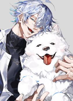 1boy absurdres animal black_shirt blue_eyes commentary dog english_commentary highres honkai:_star_rail honkai_(series) jewelry looking_at_viewer male_focus necklace open_clothes open_mouth open_shirt phainon_(honkai:_star_rail) rih0_amo shirt short_hair smile tongue tongue_out turtleneck upper_body white_dog white_hair white_shirt