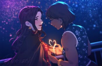 2girls asami_sato avatar_legends black_hair bracelet brown_hair coat dark-skinned_female dark_skin denimcatfish dress earrings element_bending eye_contact fire fireworks heart jewelry korra looking_at_another multiple_girls night pyrokinesis short_hair sleeveless the_legend_of_korra upper_body yuri