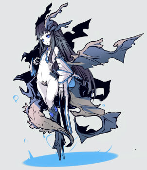 1girl black_hair black_scales blue_eyes blue_gem blunt_bangs claws commentary_request detached_sleeves dragon_girl dragon_horns dragon_tail dragon_wings eastern_dragon_horns eastern_dragon_tail flat_chest full_body gem grey_background highres hisui_(syarute) horns loli long_hair looking_at_viewer monster_girl navel nude original oversized_limbs pale_skin scales simple_background solo standing tail thick_eyebrows wings