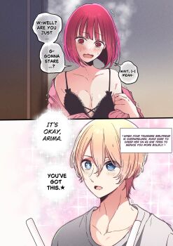 1boy 1girl arima_kana babydoll bare_shoulders blonde_hair blue_eyes blush bob_cut breasts cleavage collarbone english_text highres hoshino_aquamarine indoors inverted_bob medium_breasts open_clothes open_shirt oshi_no_ko red_eyes red_hair risdelusions shirt short_hair upper_body