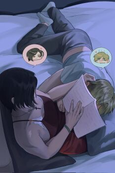 1boy 1girl ada_wong bare_shoulders black_hair blonde_hair blush bracelet couple cross cross_necklace dress grey_pants grey_socks hand_in_another's_hair hetero highres jewelry lap_pillow leon_s._kennedy midriff necklace on_bed pants parted_bangs pillow reading red_dress resident_evil resident_evil_6 shirt short_hair socks songyeerhu white_shirt