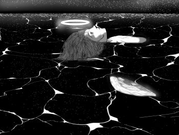 1boy angel_devil_(chainsaw_man) angel_wings bhrin97 chainsaw_man glowing glowing_halo greyscale halo long_hair male_focus monochrome neck_submerged nude reflection reflective_liquid sky solo star_(sky) starry_sky wings