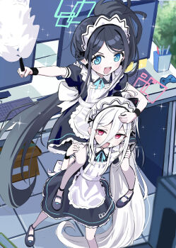 2girls absurdly_long_hair absurdres alternate_costume alternate_hairstyle apron aqua_ribbon aris_(blue_archive) aris_(maid)_(blue_archive) black_dress black_hair black_wrist_cuffs blue_archive blue_eyes blush computer computer_keyboard computer_mouse desk double-parted_bangs dress enmaided frilled_apron frills green_halo hair_between_eyes halo highres indoors kei_(blue_archive) kei_(student)_(blue_archive) long_hair long_hair_between_eyes maid maid_apron maid_headdress monitor multiple_girls multiple_monitors neck_ribbon official_alternate_costume open_mouth parted_bangs pink_halo ponytail puffy_short_sleeves puffy_sleeves rectangular_halo red_eyes ribbon ringed_eyes short_sleeves smile thomason366 very_long_hair white_apron white_hair wrist_cuffs