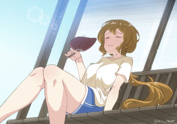 1girl blue_shorts brown_hair casual closed_eyes feet_out_of_frame hand_fan highres kantai_collection low_ponytail nwr ootomari_(kancolle) paper_fan ponytail shirt shorts solo sweat veranda yellow_shirt