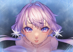 Rule 34 | 1girl, absurdres, ahoge, android, bare shoulders, close-up, collarbone, commentary request, crying, crying with eyes open, hair intakes, highres, joints, looking at viewer, nicchi, purple eyes, purple hair, robot joints, short hair with long locks, solo, tears, upper body, vocaloid, voiceroid, yuzuki yukari