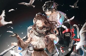 1boy 1girl :d armband ayn_alwyn ayn_alwyn_(corridor_of_fate) beret bib_collar bird black_gloves black_hair black_hat black_jacket black_pants black_scarf blue_background blue_headband blue_jacket blunt_bangs braid brown_dress brown_eyes brown_hair chinese_commentary cowboy_shot cross-laced_clothes cross-laced_sleeves dress feathers flower gloves gradient_background hair_between_eyes hand_on_railing hat hat_flower headband heroine_(lovebrush_chronicles) highres holding_hands houndstooth jacket lifebuoy light_particles long_hair long_sleeves looking_ahead looking_up lovebrush_chronicles open_clothes open_hand open_jacket open_mouth pants parted_lips purple_jacket red_armband red_eyes scarf short_hair side_braid smile standing sweater swim_ring turtleneck turtleneck_dress turtleneck_sweater two-sided_fabric two-sided_jacket wangulongdong white_feathers white_sweater zipper_pull_tab