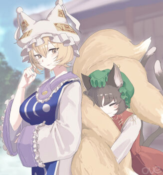 Rule 34 | 2girls, absurdres, animal ear fluff, animal ears, animal hat, blonde hair, blue tabard, breasts, brown hair, cat ears, cat girl, cat tail, chen, closed eyes, commentary request, dress, earrings, face in hair, fox ears, fox girl, fox tail, frilled sleeves, frills, green hat, hair between eyes, hand on own cheek, hand on own face, hand up, hat, highres, hug, hug from behind, jewelry, kitsune, kyuubi, large breasts, large ears, large tail, leaning on person, long sleeves, looking at another, looking back, multiple girls, multiple tails, nekomata, ove (user vcdx4582), red vest, shikigami, short hair, signature, single earring, small breasts, smirk, standing, tabard, tail, touhou, twintails, two tails, very long tail, vest, white dress, white hat, white sleeves, yakumo ran, yellow eyes