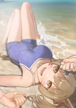 1girl absurdres amepa_(ame_pinecandy) animal_ears bare_arms bare_legs barefoot beach blue_one-piece_swimsuit blurry bow breasts brown_hair commentary_request covered_navel depth_of_field hair_bow highres horse_ears horse_girl horse_tail knees_up looking_at_viewer lying medium_breasts medium_hair ocean on_back one-piece_swimsuit open_mouth orange_eyes outdoors revision school_swimsuit smart_falcon_(umamusume) smile solo swimsuit tail tracen_swimsuit twintails umamusume water waves
