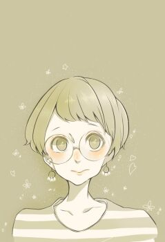 Rule 34 | 1girl, blush, closed mouth, collarbone, commentary request, earrings, eyelashes, glasses, heart, jewelry, keroro924, original, portrait, round eyewear, short hair, simple background, solo, star (symbol), striped clothes, very short hair