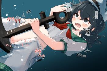 1girl @_@ ^^^ anchor black_eyes black_hair blush bubble collar commentary_request crossed_bangs crotch_rub drooling dutch_angle feet_out_of_frame female_masturbation floating_hair green_collar green_trim hair_between_eyes hat holding holding_anchor masturbation masturbation_through_clothes medium_hair murasa_minamitsu neckerchief open_fly open_mouth puffy_short_sleeves puffy_sleeves red_neckerchief sailor_collar sailor_hat shirt short_sleeves shorts solo speech_bubble submerged teeth touhou uisu_(noguchipint) uncommon_stimulation underwear upper_teeth_only white_hat white_shirt white_shorts