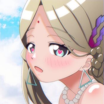 1girl bindi blonde_hair earrings green_eyes heart heart-shaped_pupils heaven_burns_red jewelry jiro_channel long_hair necklace pearl_necklace solo symbol-shaped_pupils triangle_earrings twintails vritika_balakrishnan