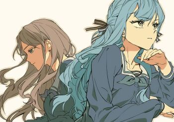 2girls artist_request bang_dream! bang_dream!_it's_mygo!!!!! black_ribbon blue_eyes blue_hair blue_shirt brown_hair chinese_commentary closed_mouth commentary_request commission green_neckerchief grey_background grey_eyes hair_ribbon hand_on_own_chin highres long_hair long_sleeves looking_to_the_side multiple_girls nagasaki_soyo neckerchief profile ribbon sailor_collar school_uniform second-party_source shirt sidelocks simple_background togawa_sakiko tsukinomori_school_uniform two_side_up upper_body white_sailor_collar
