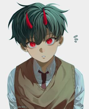 1boy :o aegyo_sal black_hair borrowed_clothes collared_shirt demon_horns highres horns kim_dokja male_focus nadardoh necktie notice_lines oldest_dream omniscient_reader&#039;s_viewpoint red_eyes red_necktie shirt short_hair solo upper_body vest white_shirt yellow_vest