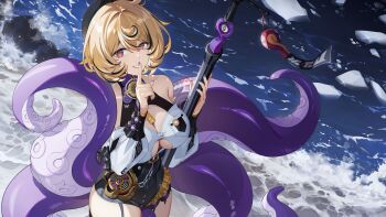 1girl artist_request blonde_hair breasts cleavage finger_to_mouth high-waist_shorts highres index_finger_raised large_breasts looking_at_viewer mole mole_under_mouth monster_girl ocean purple_eyes purple_nails scylla second-party_source short_hair shorts smile solo tentacle_girl tentacle_tail tentacles yidhari_murphy zenless_zone_zero