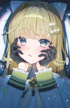 1girl 5uma1 absurdres black_gloves blonde_hair blue_eyes blush bow commentary gloves hair_bow hair_ornament hanabusa_lisa highres long_hair long_sleeves looking_at_viewer parted_lips shirt solo upper_body virtual_youtuber vspo! white_bow white_shirt
