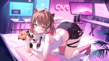1girl ahoge all_fours animal_ear_piercing animal_ears arm_support arm_under_breasts ass barcode barcode_tattoo black_gloves black_necktie black_shorts blush breasts brown_hair capybara capybara_ears capybara_girl closed_mouth collared_shirt commentary_request crop_top desk energy_drink fingerless_gloves gloves gradient_hair half_gloves highres impossible_clothes impossible_shirt index_finger_raised indoors large_breasts looking_at_viewer monitor multicolored_hair nanashi_inc. necktie on_bed pillow pink_eyes pink_hair pink_socks pink_thighhighs plant potted_plant satoupote shirt short_hair shorts sleeveless sleeveless_shirt smile socks solo stomach tattoo thigh_strap thighhighs thighs top-down_bottom-up virtual_youtuber white_shirt yunohara_izumi yunohara_izumi_(5th_costume)