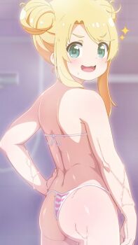 1girl :3 aqua_eyes ass bikini blonde_hair double_bun female_focus hair_bun himesaka_noa joutarou_(punianikobo) loli looking_at_viewer solo swimsuit watashi_ni_tenshi_ga_maiorita! wet