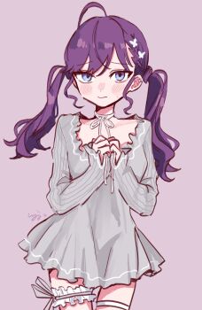 Rule 34 | 1girl, ahoge, blue eyes, blush, braid, butterfly hair ornament, choker, closed mouth, collarbone, commentary request, cowboy shot, dress, ear piercing, frilled thigh strap, gakuen idolmaster, grey dress, hair ornament, hands up, highres, idolmaster, kaya rinha, long hair, long sleeves, looking at viewer, mole, mole on neck, nervous, own hands together, piercing, pink background, purple hair, ribbon, ribbon choker, short dress, side braid, sidelocks, signature, simple background, small sweatdrop, solo, standing, swept bangs, syrup7979, thigh strap, twintails, white choker, white ribbon