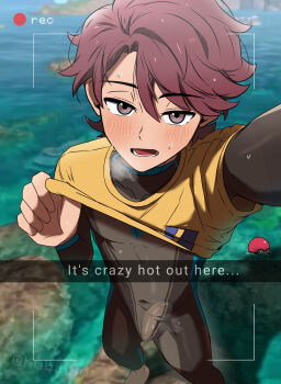 Rule 34 | 1boy, absurdres, blush, bodysuit, brown hair, bulge, clothes lift, covered navel, diving suit, erection, erection under clothes, highres, kubikun, lower teeth only, male focus, male protagonist (pokemon ww), nintendo, open mouth, outdoors, poke ball, pokemon, pokemon ww, recording, shirt, shirt lift, short hair, snapchat, solo, sweat, sweatdrop, teeth, water, yellow shirt