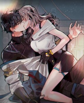 1boy 1girl assertive_female black_gloves black_hair black_pants black_shirt black_skirt bra_strap breasts closed_eyes clothes_grab coat commentary_request dan_heng_(honkai:_star_rail) dan_heng_(hunt)_(honkai:_star_rail) eunha10tea face-to-face girl_on_top gloves grey_hair hetero honkai:_star_rail honkai_(series) indoors kiss large_breasts no_jacket pants shirt short_hair short_sleeves skirt stelle_(honkai:_star_rail) straddling thigh_strap trailblazer_(honkai:_star_rail) white_coat